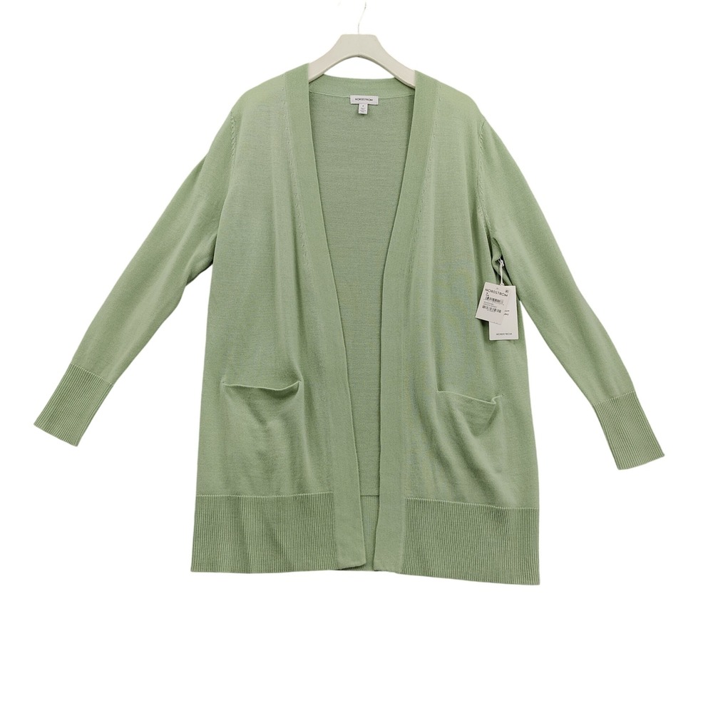 Nordstrom Womens Minimalist Merino Wool Cardigan M Green Ghost Open Front Pocket